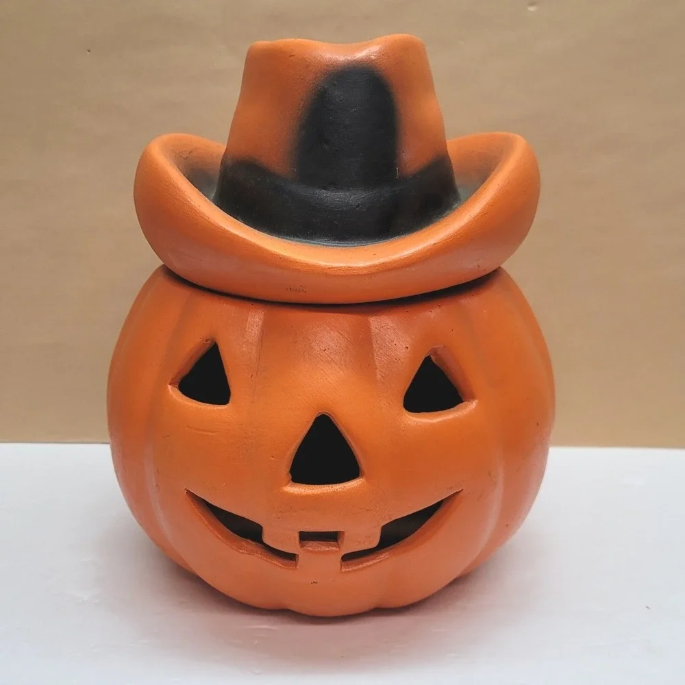 Vintage Halloween Ceramic Jack-O-Lantern Cowboy Hat Pumpkin Decor 10in Orange